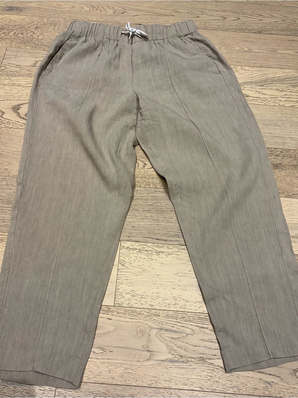 Babaton/Aritzia linen cropped pull on pants with elastic drawstring waist.